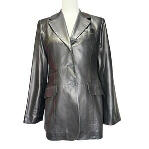 Faconnable Black Lambskin Leather Blazer Jacket Womens 3 Button French Design‎ S